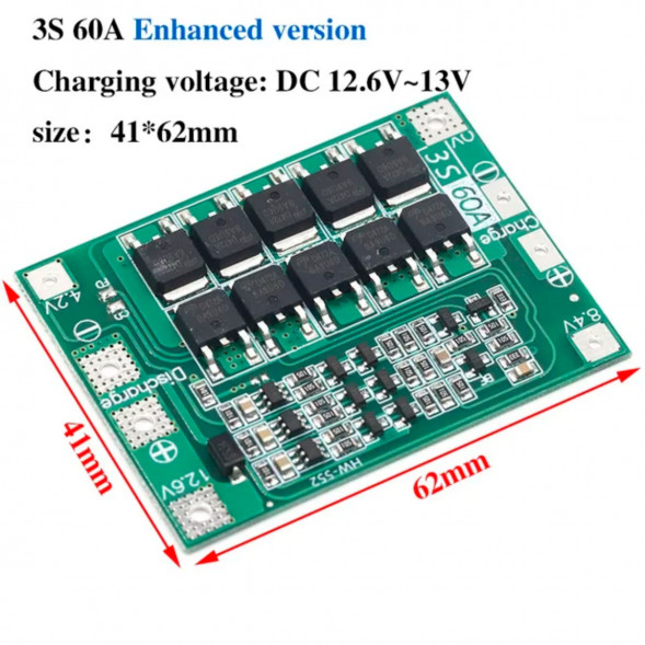 Плата защиты аккумулятора BMS 3S 60A 12.6 для Li-ion в Барнауле